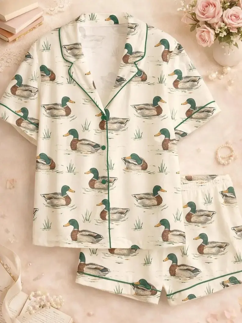 Womens Mallard Duck Print Pajama Set Cute Cottagecore Loose Comfy Summer Sleepwear Green Trim Short Sleeve Button Down PJ Set Duck Lover Nature Girl Lounge Wear