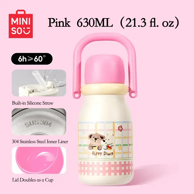 MINISO Go Play Series Handle Double Drinking Coffee Cup - High Aesthetic, 304 Stainless Steel Water Cup, 630mL Milk Pot Design (Pink & Red)