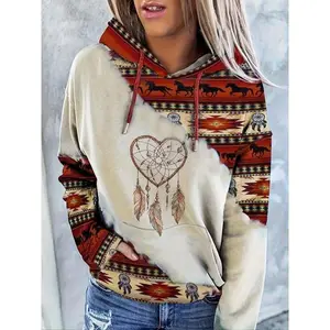 Women's Ethnic Pattern Patchwork Horse Print Drawstring Hoodie, Casual Long Sleeve Drop Shoulder Hooded Sweatshirt for Daily Holiday Outdoor Wear, Ladies Clothes for All Seasons