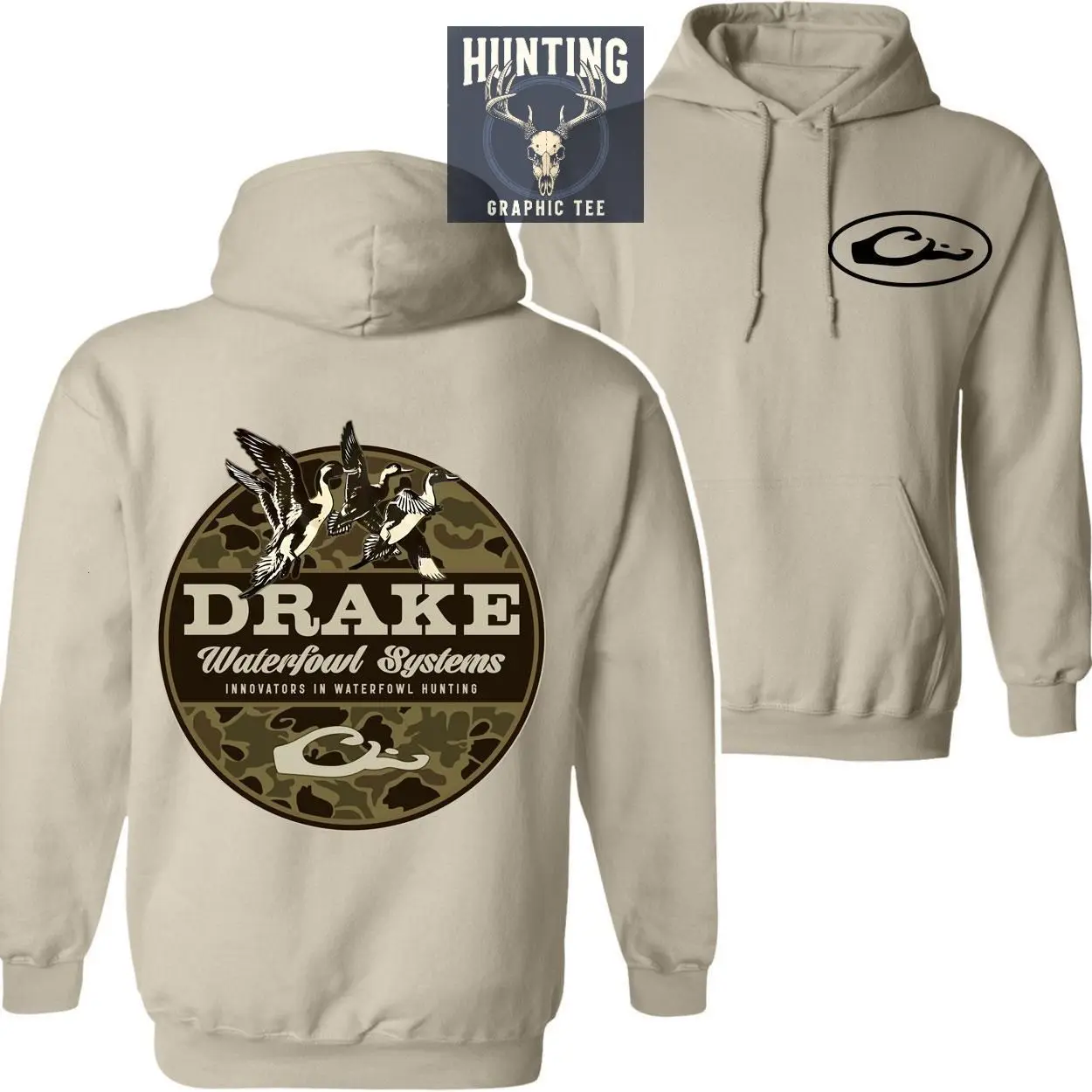 Menswear Drake Waterfowl Systems Ribbed Cotton Long Sleeve Duck Camo Pullover Hoodie - Duck Hunting Graphic Logo, Camo Circle Back Print, Outdoor Lifestyle Apparel for Hunters , By Hunting Graphic Tee