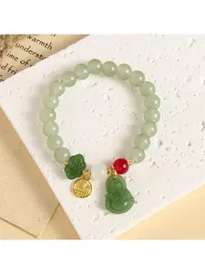 Chinese Style Lucky Beaded Bracelet, White Stone Beads with Green Buddha Charm & Fu Character Pendant, Feng Shui Jewelry for Women, Exquisite Bracelet