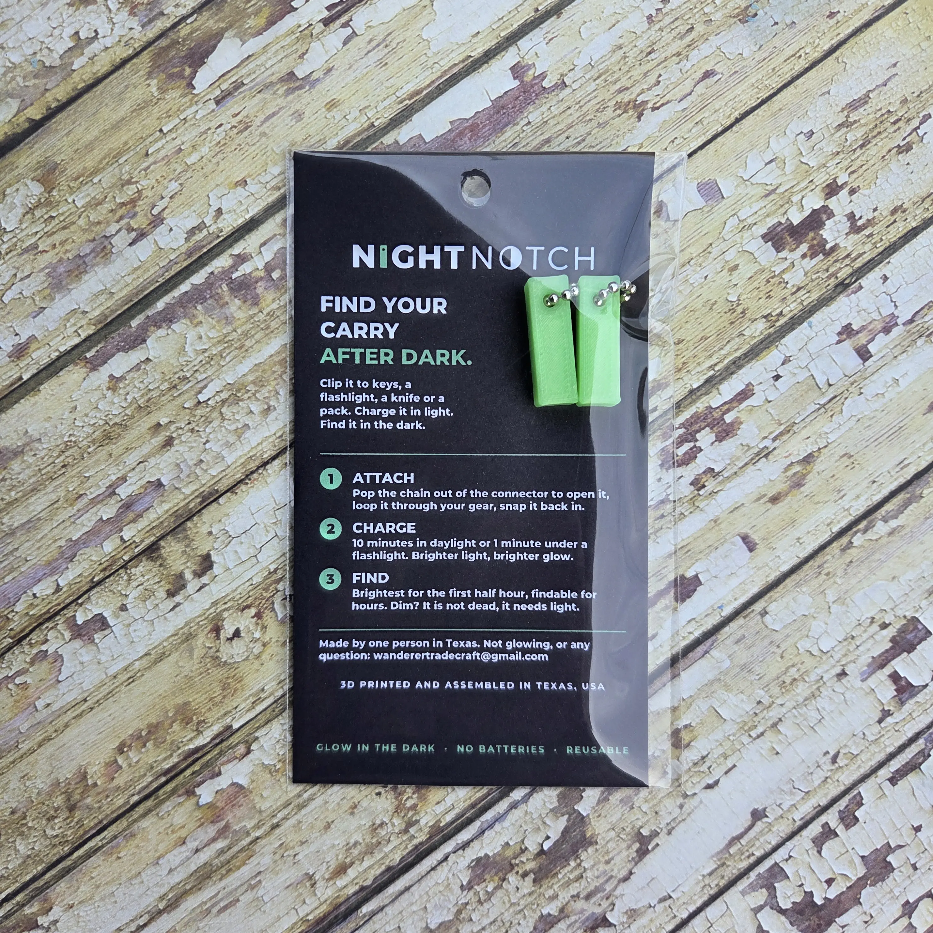 NightNotch Glow-in-the-Dark Keychain Fob - No Batteries, Charges in Any Light, Multi-Use Accessory for Keys, Flashlight, Zipper Pull, Backpack, Festival, Rave, Hydration Pack