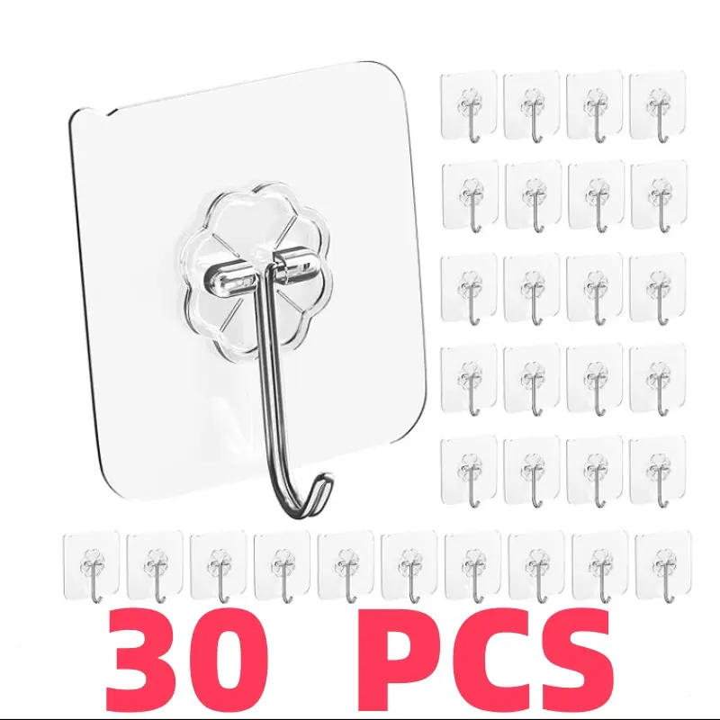 30 PCS Clear Adhesive Hooks - No-Drill Home Organization Essential for Kitchen/Bathroom | Viral Space-Saving Hack on TikTok!