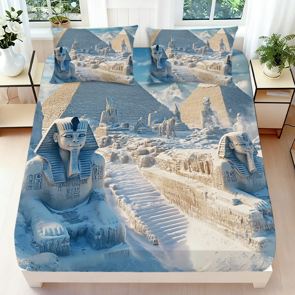 2/3 Pcs 2D Flat Egyptian Pyramid Sphinx Fitted Sheet Set Egyptian Themed Bedding Set Quilt Cover 1 Fitted Sheet + 1/2 Pillowcases Egyptian Style Top Sheet Decorative Bedding Bedroom Decor