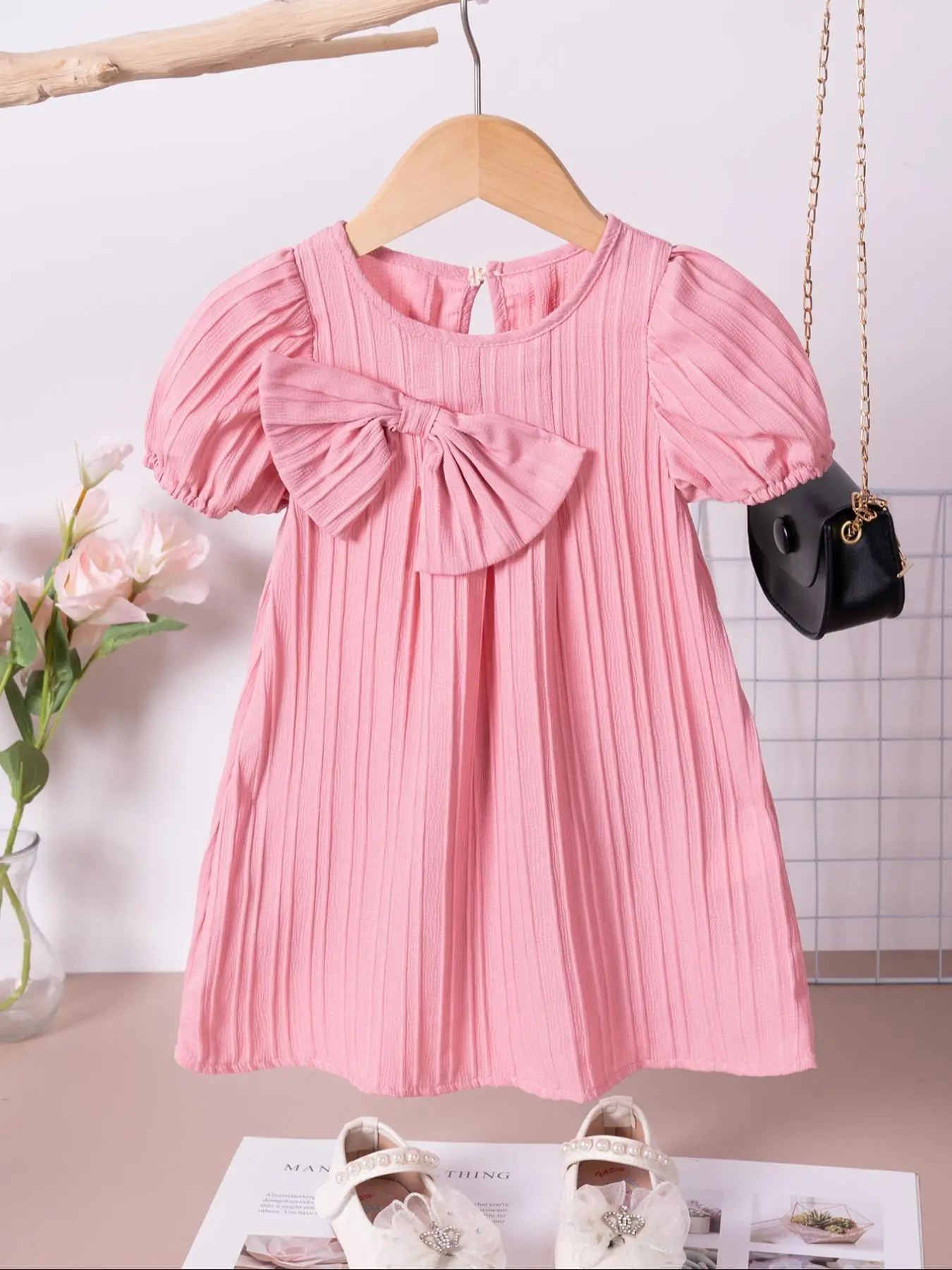 Toddler Girl's Solid Bow Front Puff Sleeve Dress, Cute Short Sleeve Round Neck A Line Dress for Summer, Kids Clothing for Daily Wear