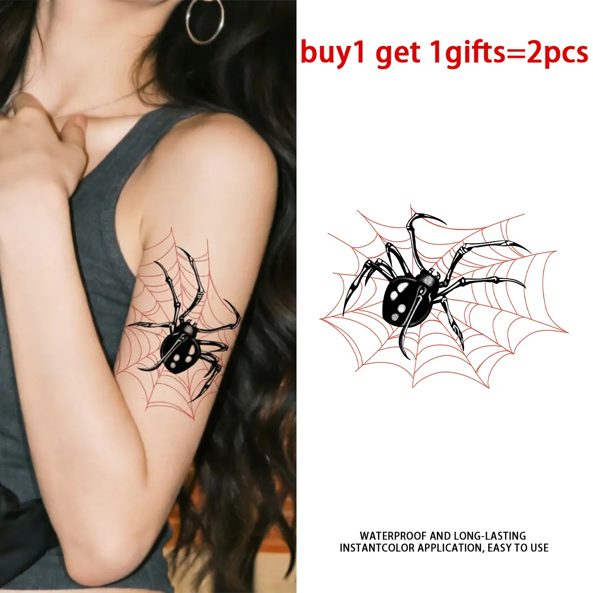 Red Web Black Spider Temporary Tattoo Stickers - 2 Sheets Semi-Permanent Waterproof Realistic Fake Tattoos, For Women All Skin Types Ideal for Halloween, Party
