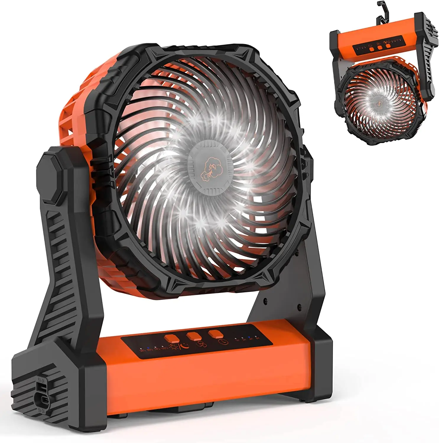 3 Speeds Camping Fan with LED Lantern, 10000mAh Rechargeable Battery Operated Outdoor Tent Fan with Light & Hook, Personal USB Desk Fan for Camping, P