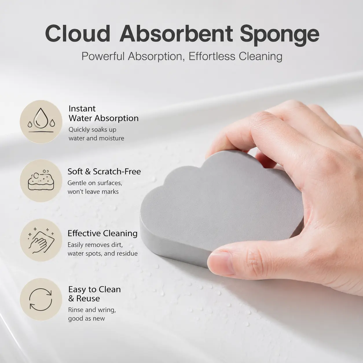 1 Count, Cloud Shaped PVA Cleaning Sponge, Water Absorbent Reusable Scrubber for Removing Stains on Faucet, Mirror, Sink and Glass