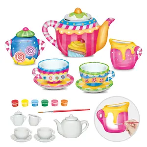 9 Piece DIY Ceramic Tea Set Coloring Kit, Water Pouring Playhouse Toy, Parent-Child Craft Graffiti Gift for Girls Age 5+, Birthday Christmas Present