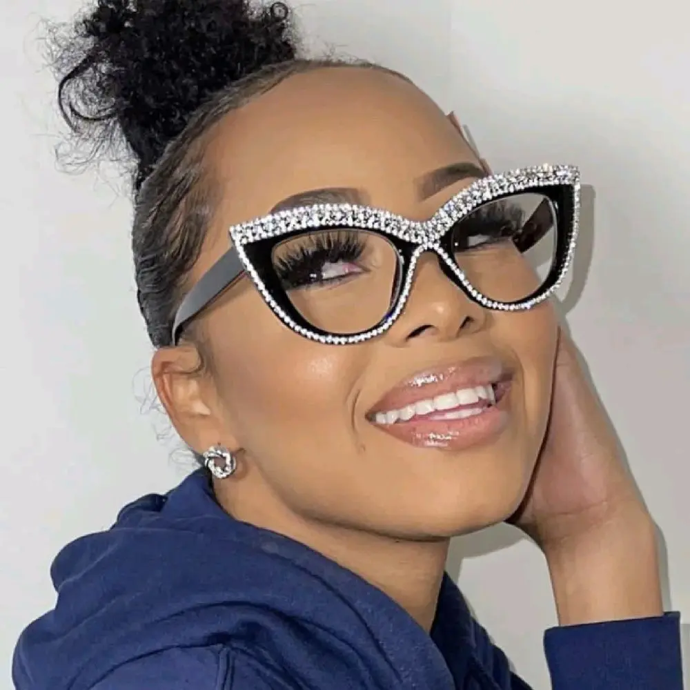 High End Diamond Pearl Studded Cat Eye Frame Optical Glasses Fashionable Street Photography Glasses Frame