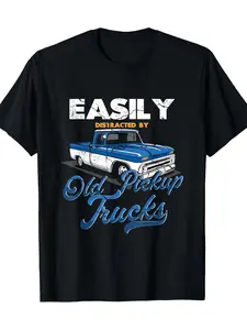 Men'S Outdoor Casual T-Shirt with Vintage Pickup Truck Pattern And Letter Print