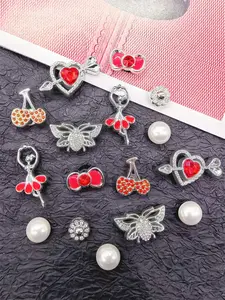 16PCS Luxury Red Dancing Girl Heart Bowtie Resin Shoe Charms Accessories Bling Rhinestone Cherry Bees Clogs Shoe Buckles DIY Decorations Artificial Faux Pearl Flower Shoe Clips Women Sandals Slides Slippers Beach Bags Decor Birthday Festival Party Gifts