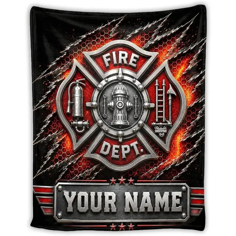 Custom Name Firefighter Flannel Throw Blanket - Personalized Fire Dept Badge Emblem, Wrinkle-Resistant, Breathable, Durable, Soft Cozy Warm for Couch, Firefighter-Themed Throws for Dad, Graduation Birthday Gift, Bedroom Decor