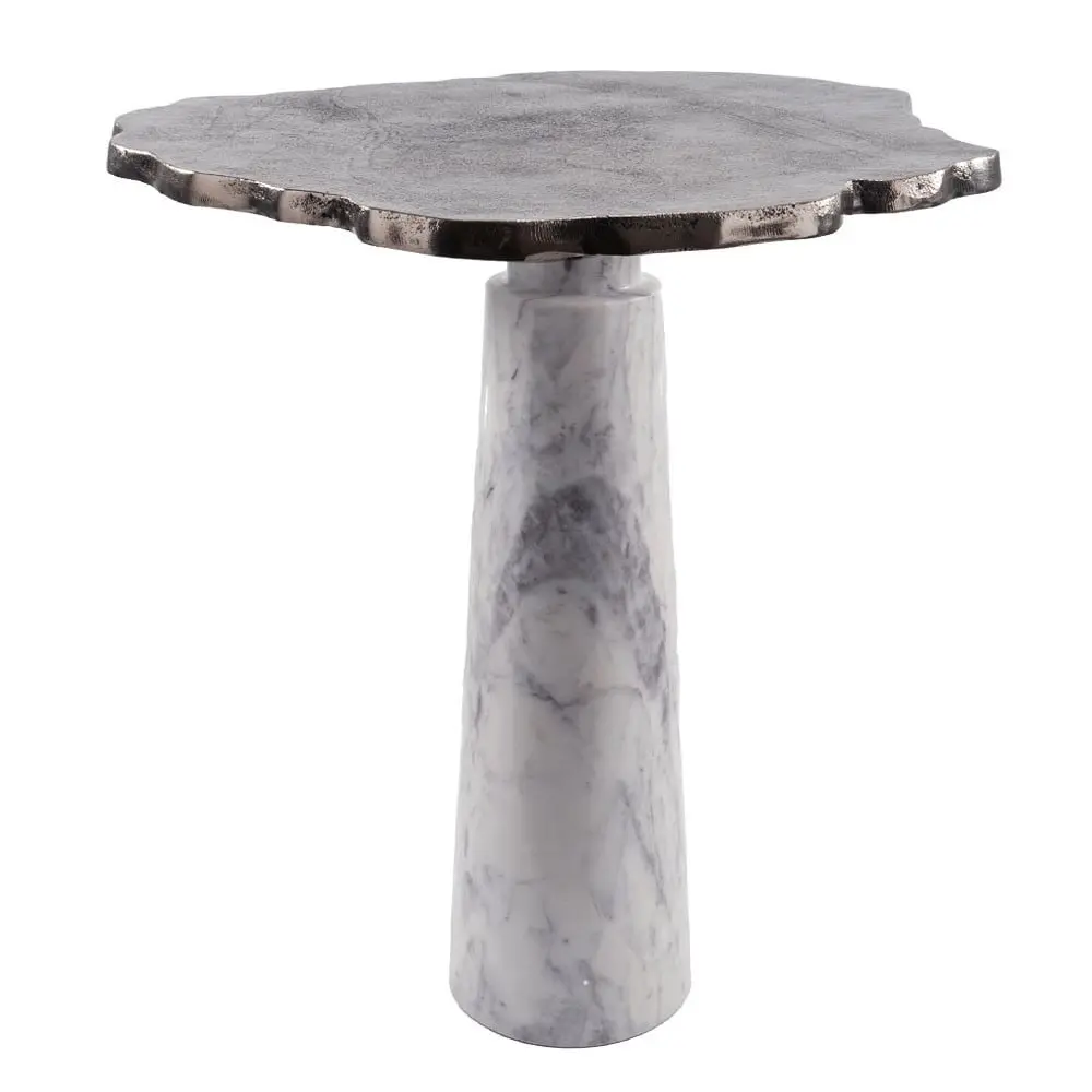 212 MAIN 627514 22 in. Silver & White Marble Pedestal End Table - Aluminium Frame, Modern Appeal, Includes Marble-Top, Aluminum, Artisanal, Asymmetric, Handcrafted End Tables, Marble-Top End Tables