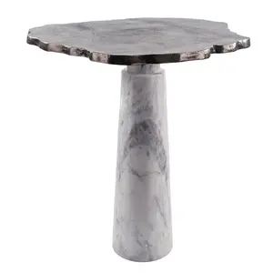 HomeRoots 627514 22 in. Silver & White Aluminum & Marble Pedestal End Table