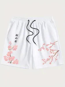 Men's Japanese Sakura Print Casual Shorts, Harajuku Streetwear Kanji Cherry Blossom Drawstring Elastic Waist Shorts, Breathable Lightweight Summer Workout Gym Shorts, Loose Fit Floral Aesthetic Shorts for Daily Beach Running