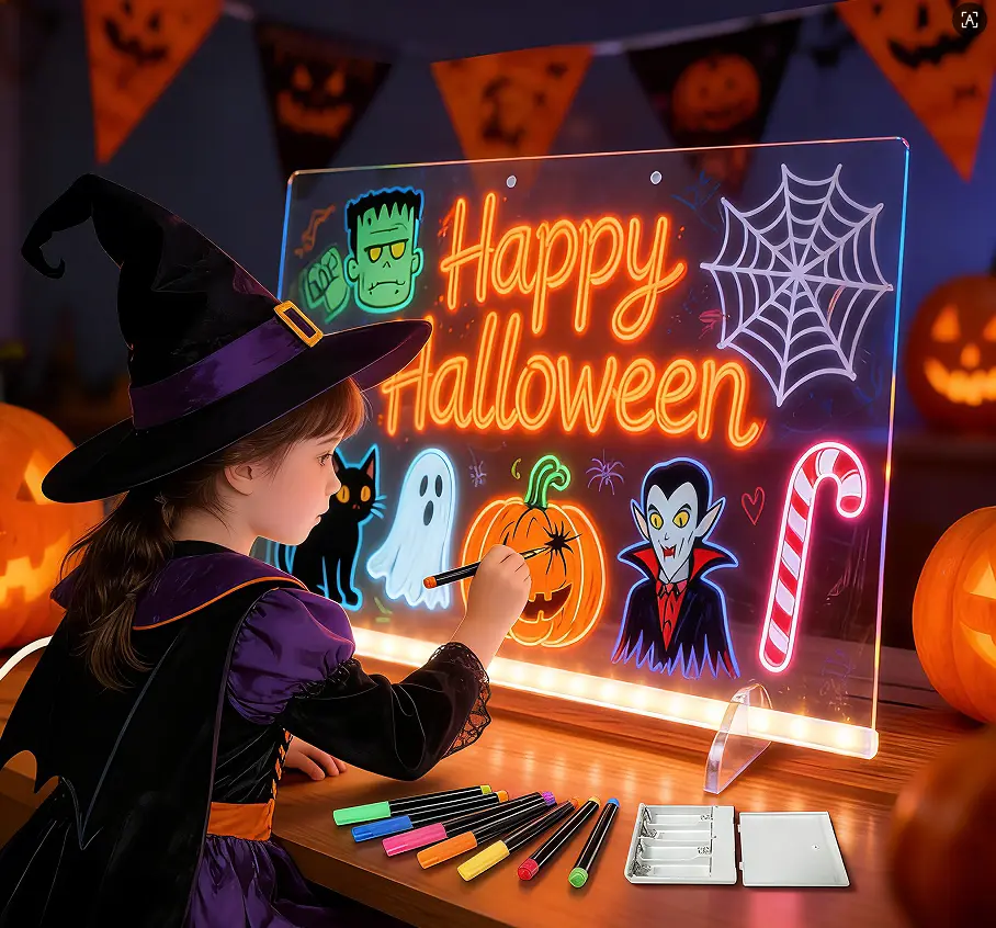 Halloween LED Memo Board with Color Functions Four-Mode Graffiti Light-Up Board for Kids and Teenagers Includes 7 Markers and Spray Bottle