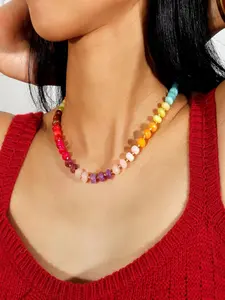 Gemstone Beaded Necklace for Women Colorful Natural Stone Freshwater Pearl Surfer Beach Rainbow Necklace Jewelry Gift