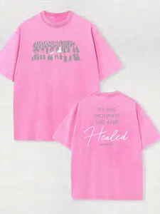 Vintage Inspired Isaiah 53:5 "Through His Wounds We Are Healed" Graphic 100% Cotton, Double-Sided Print, Crew Neck, Short Sleeve, Purple, Religious Pa