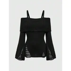 Women's Cold Shoulder Ripped Sweater Goth Punk Long Sleeve Fitted Jumper PulloversRAIMENTRY