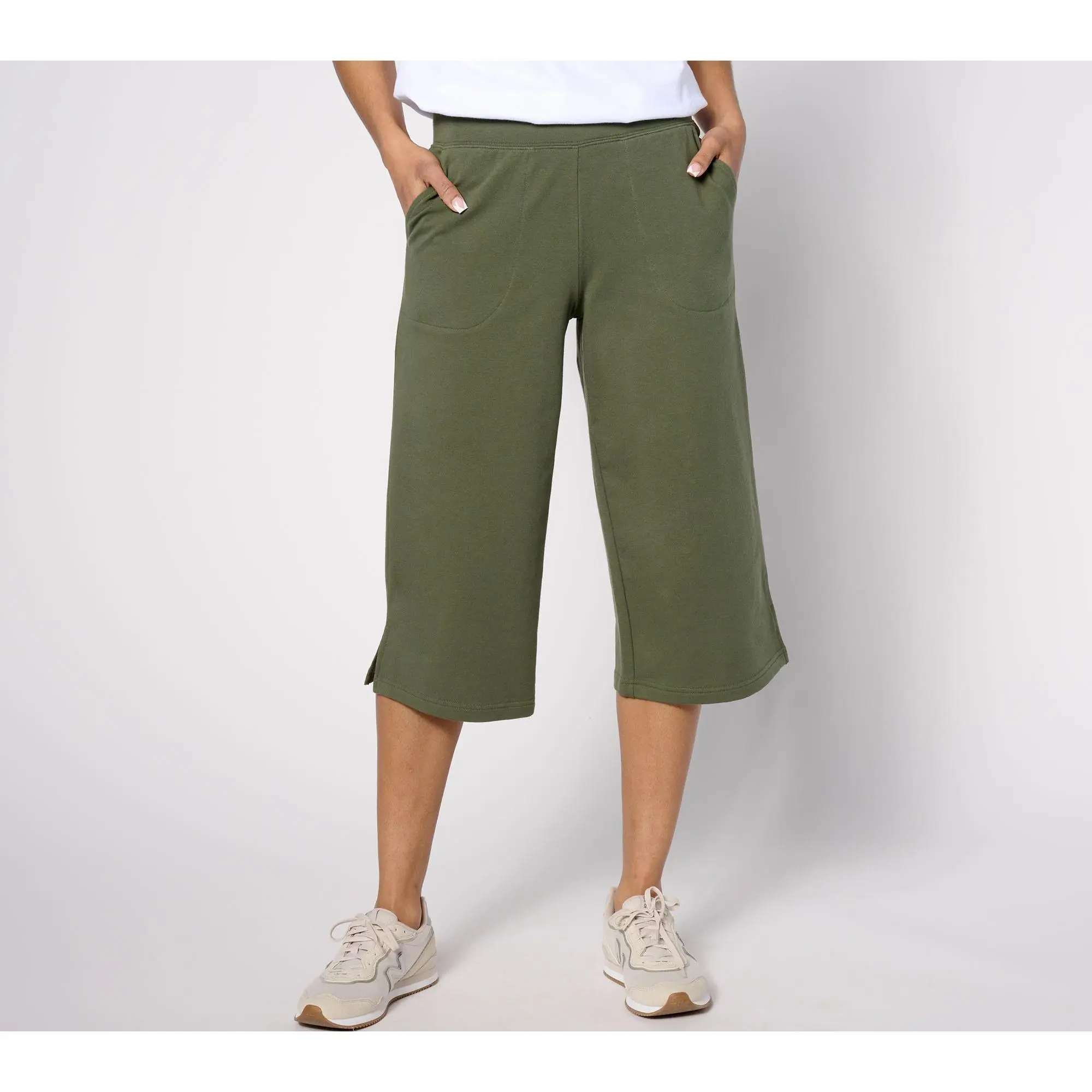 QVC Women's Denim & Co. Active French Terry Wide Leg Capri Bottoms with Side Slit