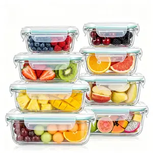 Premium Glass Food Storage Containers 8 Pack Stackable Square Design with Airtight Lids Green Rectangle Safe for Oven Microwave Freezer High Temperature Durable Kitchen Utensils#Summervibes Boxes Organiser