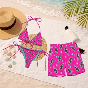 Baha Ranch Yeehaw Leopard Lightning Matching Swimwear, Women's String Bikini & Men's Swim Trunks, Western Cowboy Couple Swimsuits, Animal Print Rodeo Beachwear, Honeymoon Vacation Outfit