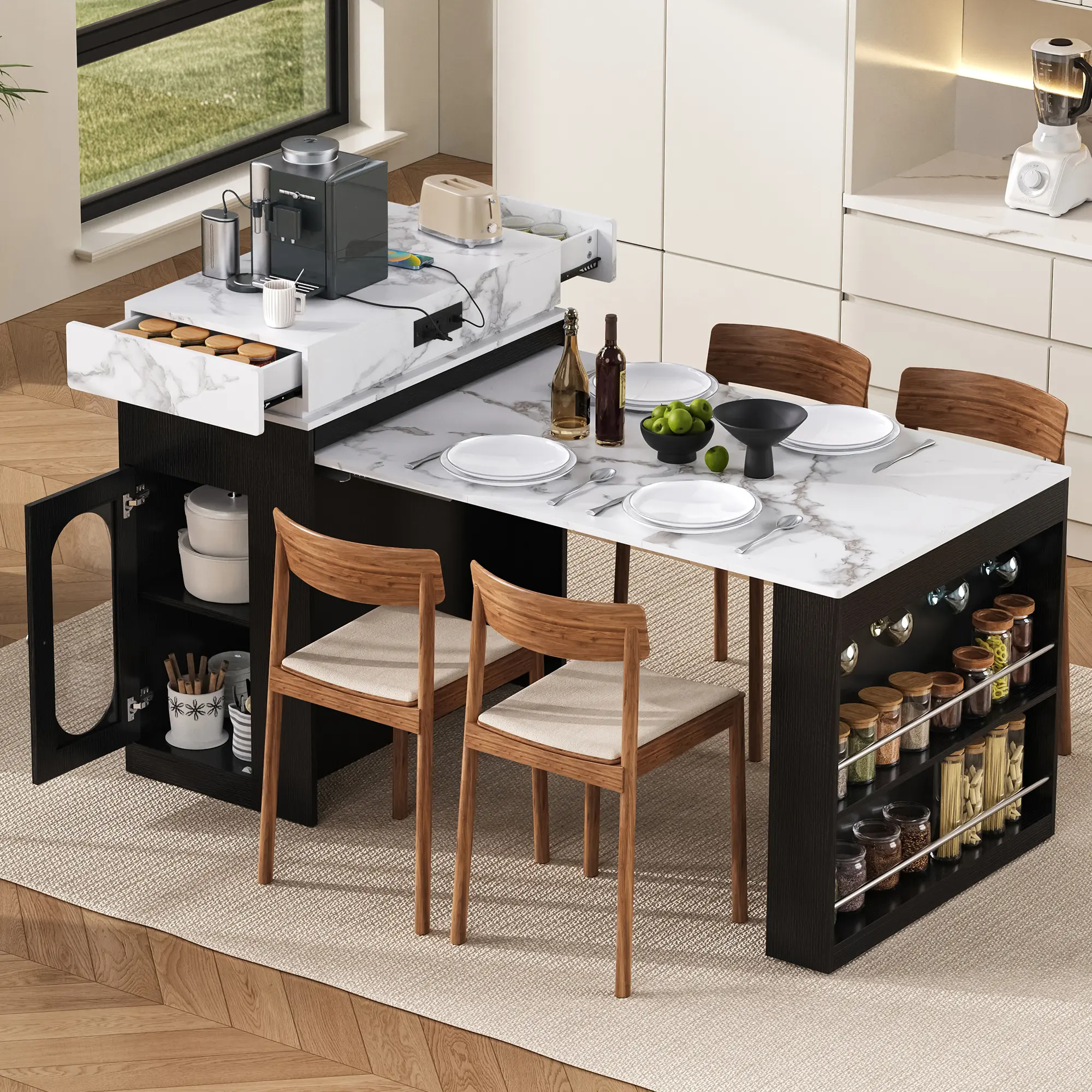 Classic Durable Foldable Dining Table - Sturdy Adjustable Multi-Functional Extendable, Folding Tabletop, Built-In Power Socket, Glass Top, Contrast Colors, Hidden Casters, Drawers, Kitchen Organization Hooks, for Minimalist Living Spaces