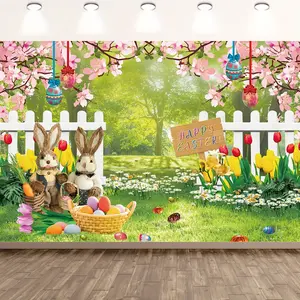 Easter Photo Decoration Background, 2D Flat 1pc Easter Bunny, Colorful Eggs, Fence, Grass Wall, Photography Backdrop for Home & Party Decor