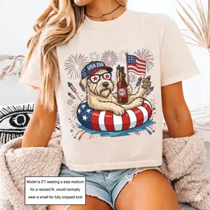 USA 250 Boxy Tee Wheaten Dog Graphic Tee Cropped Shirt Women’s Dog Lover Shirt Vintage Patriotic Flag Shirt Dog Owner Gift Cute Tee