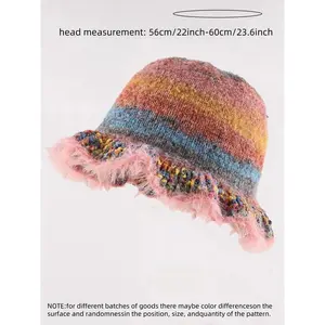 Unisex Cute Color Striped Pattern Tassel Decor Bucket Hat Casual Trendy Knitted Hat Fashionable Clothes Accessories for Women Men All Season
