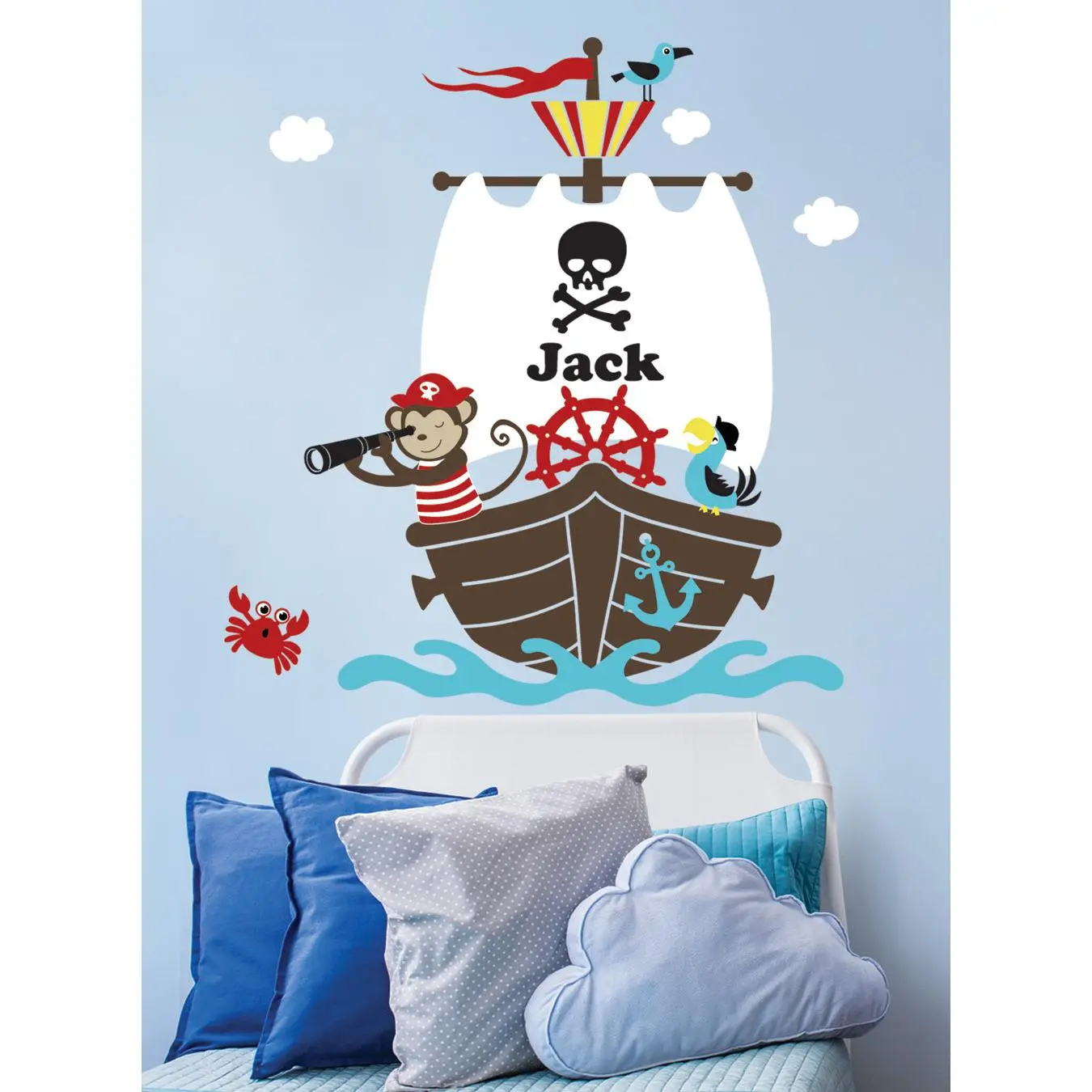 Decorative Cute Character Wall Stickers - Personalized Name Monkey, Pirate Ship, Crab Designs, Funny Decor for Boy's Room in Blueprint Blue