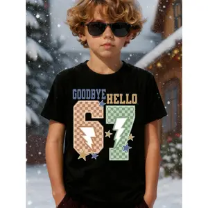 Goodbye 6 Hello 7 Kids T-Shirt, Unisex Youth Boys Girls 7th Birthday Checkered Lightning Graphic Tee, Toddler Birthday Outfit Casual Shirt, Breathable Soft Kids Fashion Top for Birthday Party, Celebration & Daily Wear, Boys Girls Retro Birthday Gift Tee