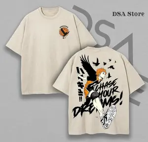 Haikyuu Hinata Oversized Washed T-Shirt Cotton – Karasuno Volleyball Graphic Tee, “Chase Your Dreams” Anime Shirt, Japanese Vintage Streetwear for Men & Women Top Classic