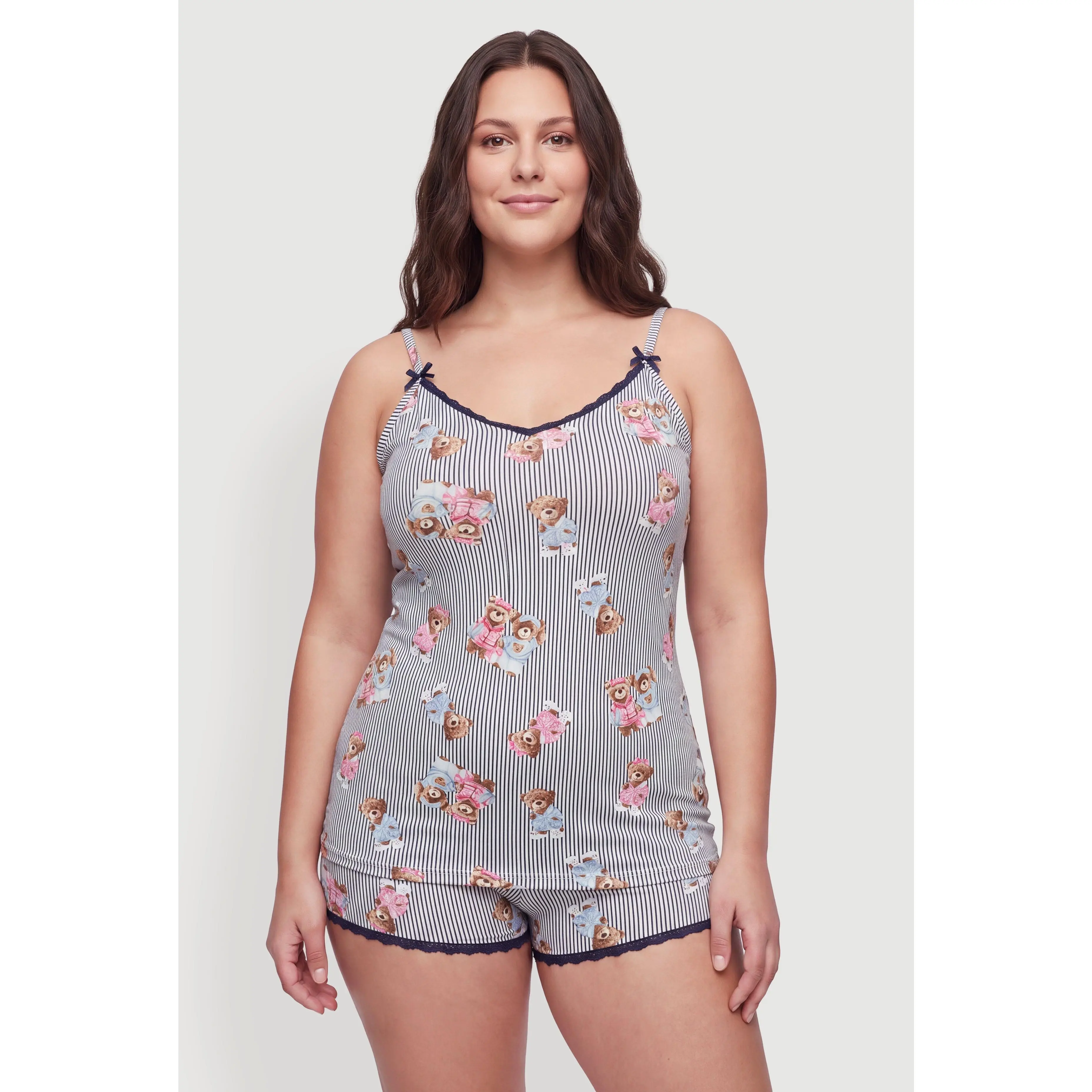 Plus Size Striped Teddy Bear Couple Graphic Pajama Cami and Shorts