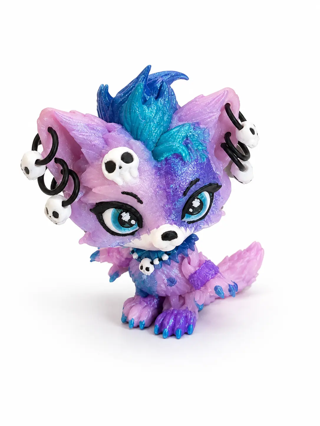 Mini Luna the Voodoo Wolf Pup 2.8" — Articulated 3D Printed figurine w/ Skull Earrings 