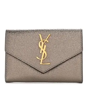 Pre-owned Yves Saint Laurent Grained Metallic Calfskin Small Leather Goods Small Monogram Envelope Wallet Bronze