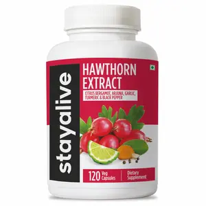 STAY ALIVE Hawthorn Berry Supplement, 20:1 Extract, 6-in-1 Blend with Citrus Bergamot, Arjuna, Garlic, Turmeric & Black Pepper, 120 Capsules, Non-GMO & Gluten-Free
