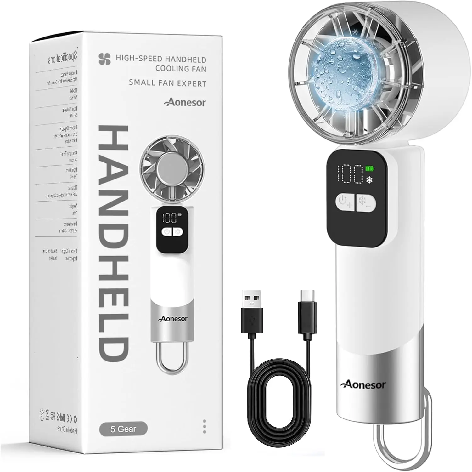 Handheld Mini Fan with Ice-Cooling for Commuting Desk Travel Camping Makeup | 3000mAh Battery, TCE Cooling, LED Digital Display, High-Speed Motor, 5 Speeds, Type-C Fast Charging, Portable Hook