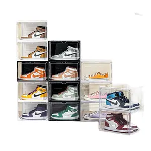 8 Pack Shoe Boxes White Plastic Stackable, Large Shoe Storage Organizer,Drop Side Front Shoe Containers for Entryway,Sneaker Storage Fit up to US Size 13 for Men/Women(13’’x 10.6”x 8.3”)