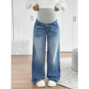 Knitted Maternity Waist Support Retro Blue Denim Loose Straight-Leg Pants Pregnancy Clothing Postpartum Outfits