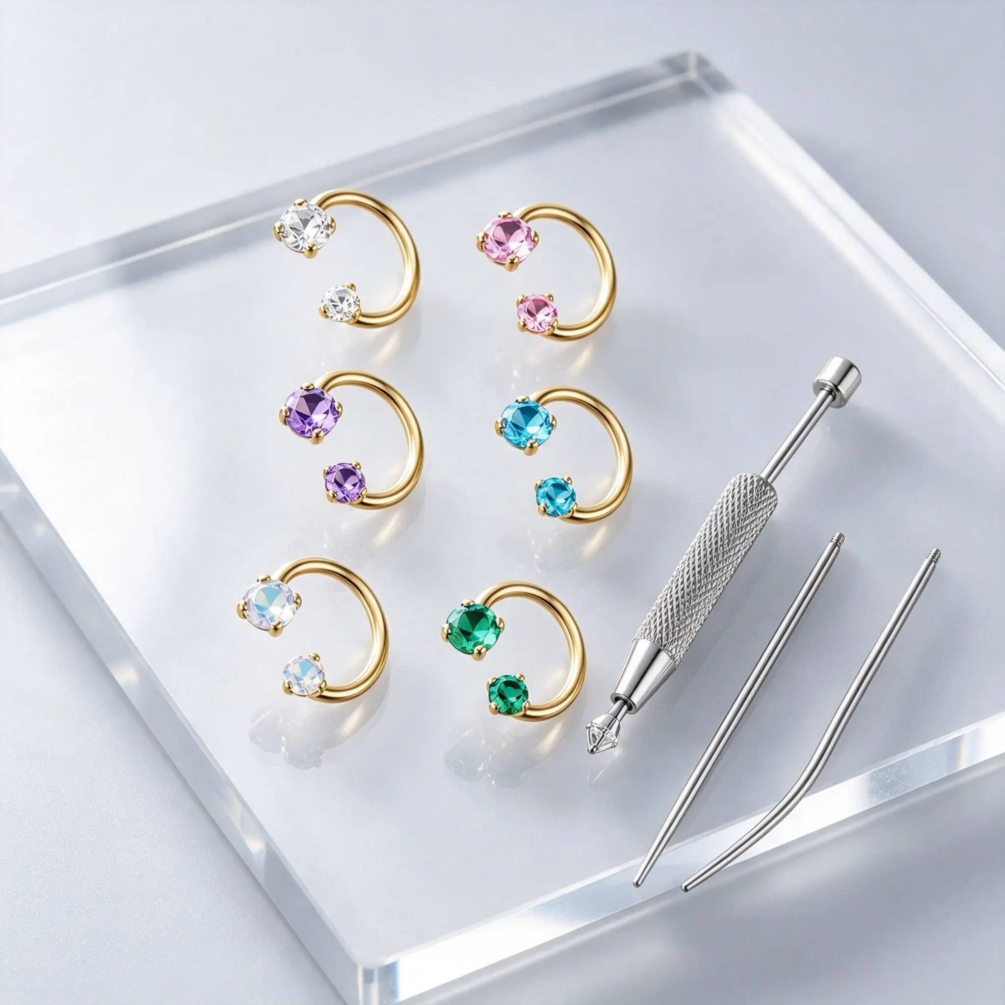 6Pcs Stainless Steel 8mm Internal Threaded Horseshoe Nose Ring Hoops Piercing Kit - Unisex Nose/Septum Jewelry, Cubic Zirconia Body Accessories, Free Auxiliary Tool Ball Holder, Everyday Use