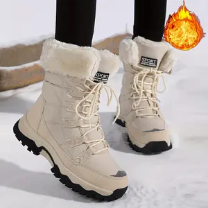 SPORT Warm & Cozy Waterproof Snow Boots for Women - Solid Color Lace-Up Flat Platform Heel Winter Shoes with Flannel Lining Round Toe Western Beige