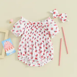 4th of July Newborn Infant Baby Girl Outfit American Flag Print Bubble Romper Puff Sleeve Bodysuit Headband 2 Piece Set Independence Day Clothes