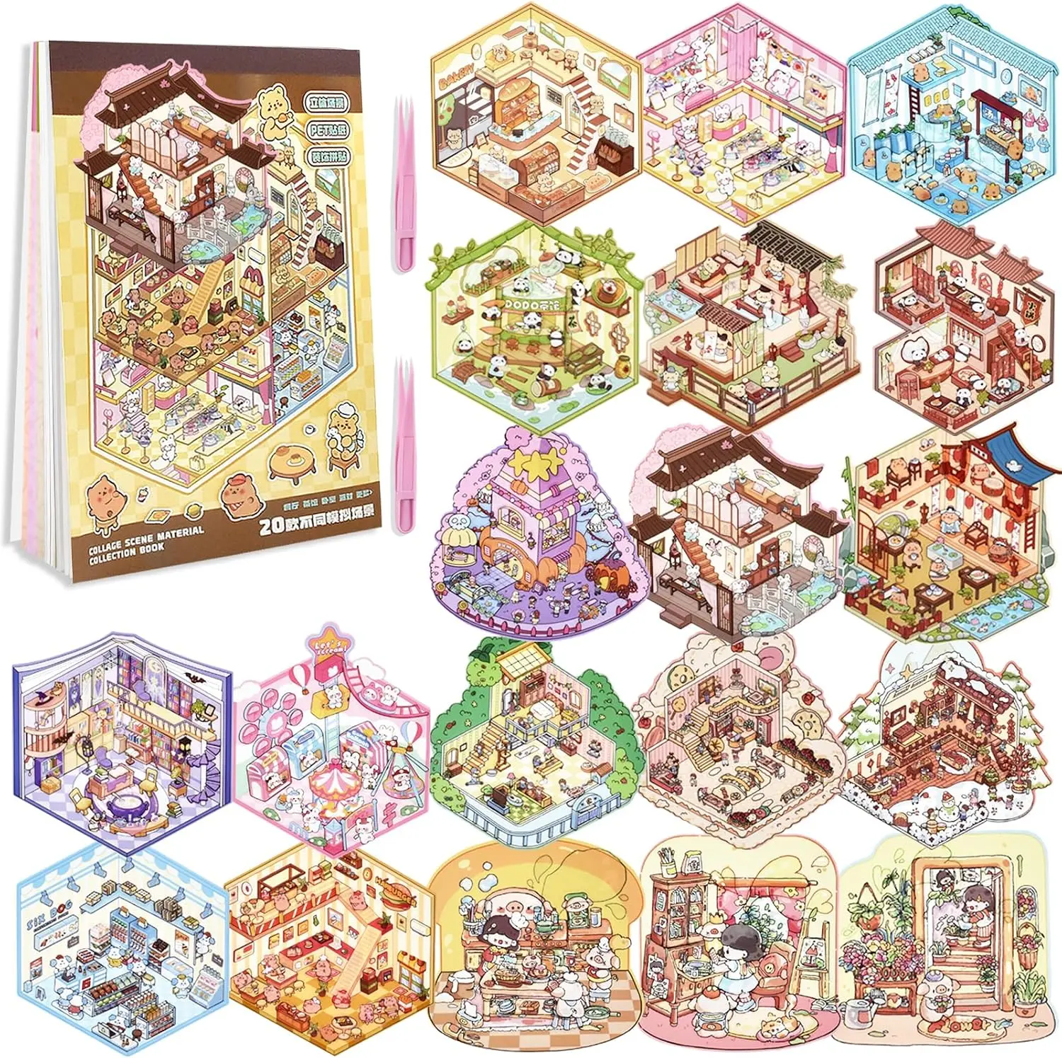20 Sets DIY 3D Sticker Scene Collection Book DIY 3D House Stickers | Make Your Own Sticker Therapy Cute Cartoon Stickers Scenes for Relief Stress Pass The Time