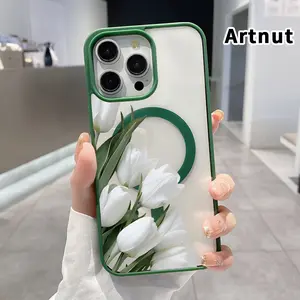 Compatible with iPhone iPhone 17 Pro Max 16 Plus 15 14 13 12 11 Air E White Tulip Grace Pattern Shockproof Non-Yellowing Crystal Transparent Acrylic Soft Case Supports Wireless Charging.