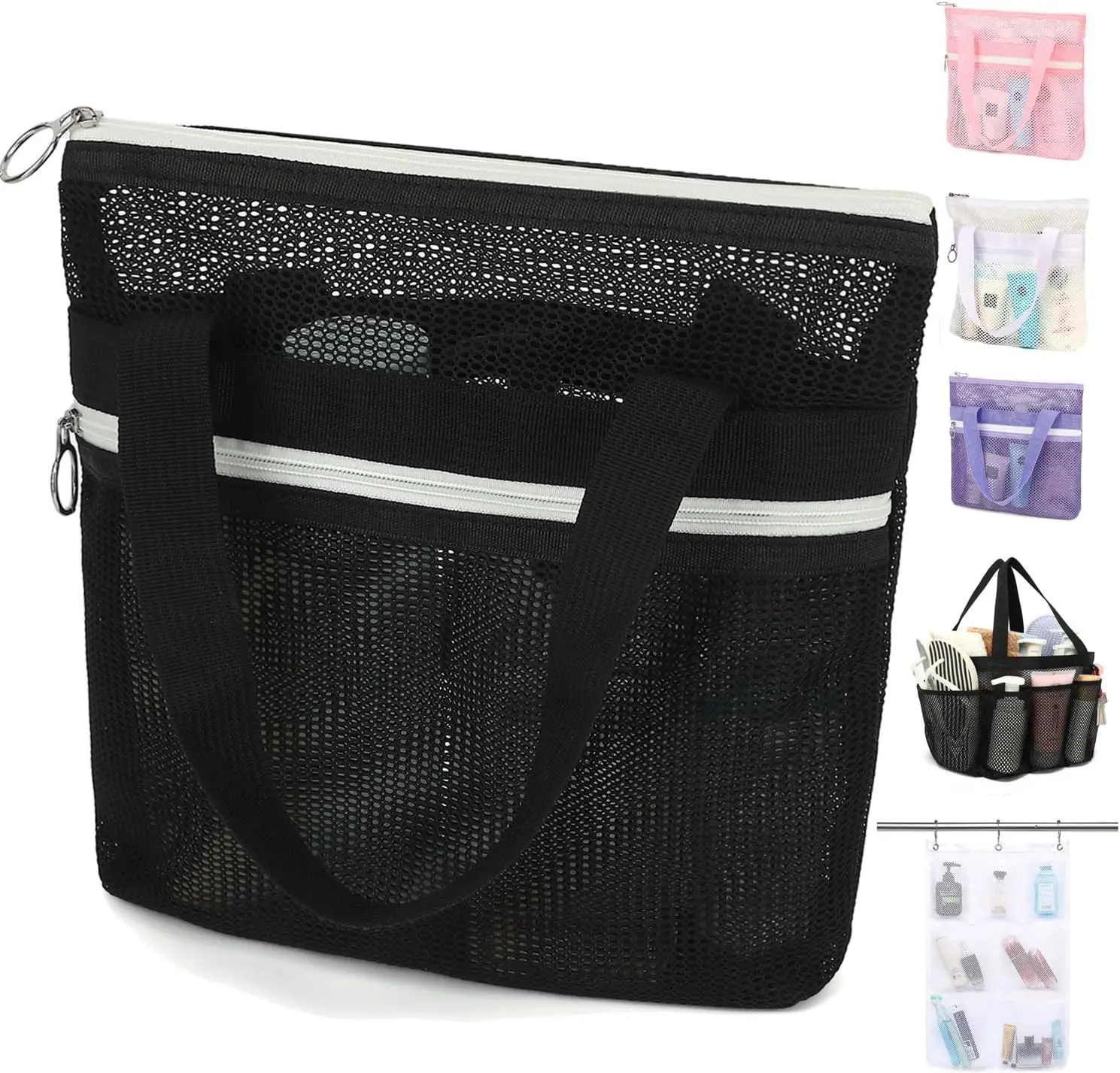 Portable Mesh Shower Caddy with 2 Zipper Pockets and Dual Handles, Hanging Toiletry Bag for Dorm, Gym, Travel, Camping and Bathroom, Black
