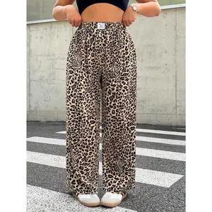 Plus Size Women Leopard Print Woven Fabric Casual Highwaist Wide Leg Pants With Pockets, Versatile Loose Trousers For Commuting And Daily Wear Bottoms Womenswear Can be used with raincoat