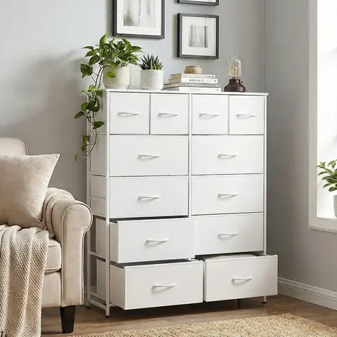 12-Drawer Vertical Storage Cupboard Cabinet - Steel Frame, Wood Top, Sliding Door, Space Saving Dresser for Small Spaces, Living Room Decor & Room Storage