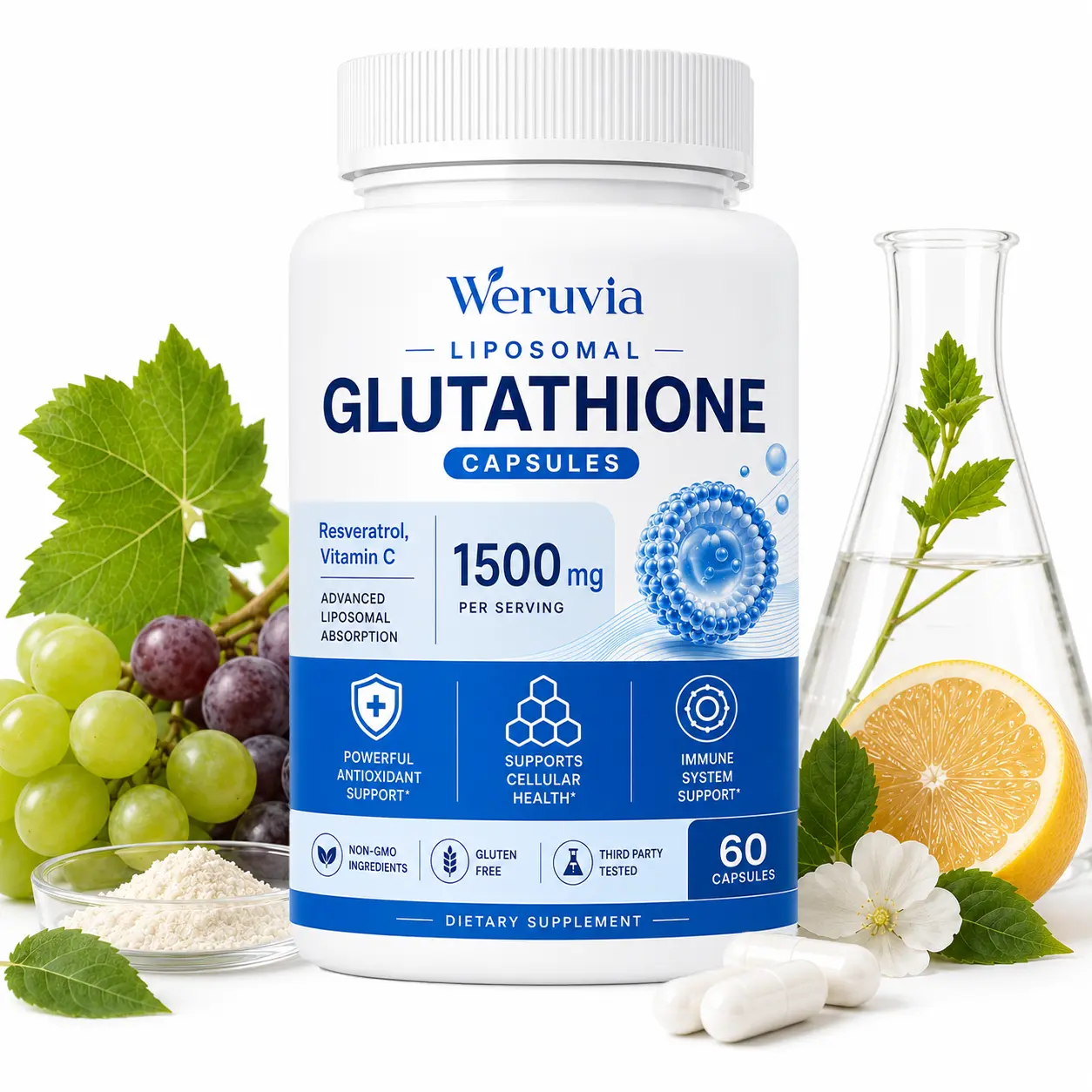 Edible Liposomal Glutathione Capsules - 1500mg Antioxidant Dietary Supplement, Blended with Resveratrol & Glutathione C Blended Vitamins & Minerals, Daily Nutrition Support, 60 Count, No